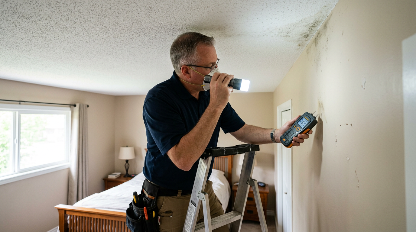 Home inspector checking a ceiling corner for mold during a mold inspection
