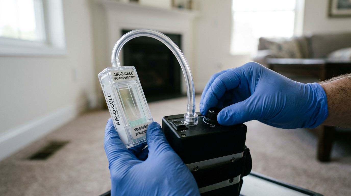 Gloved hand collecting a mold air sample with a professional sampling pump