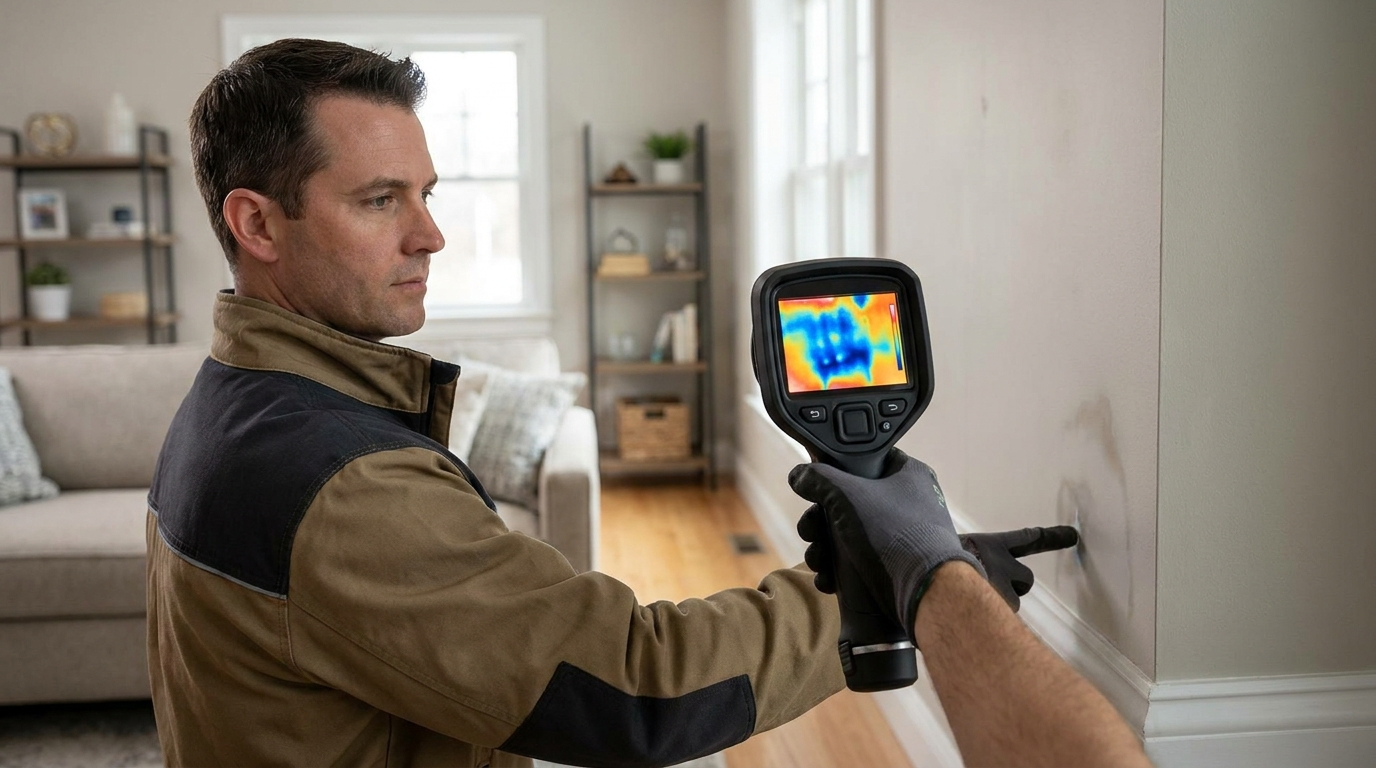 Inspector using a thermal imaging camera to detect hidden moisture in a wall