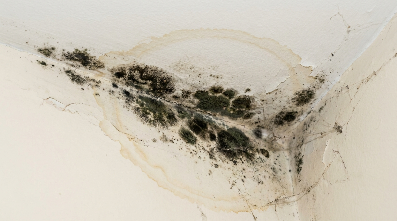 Dark mold growth spreading in the corner of a wall and ceiling