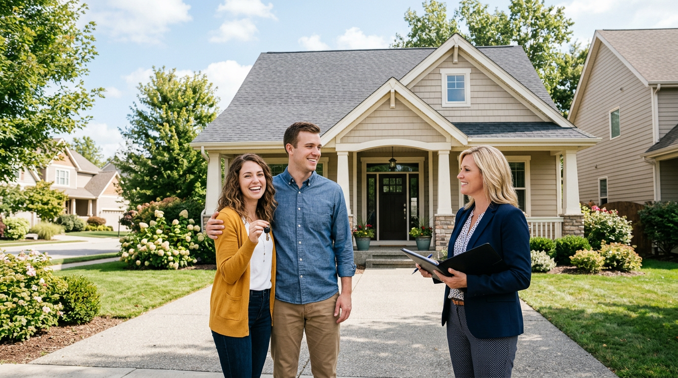 Home buyers with a real estate agent in front of a house