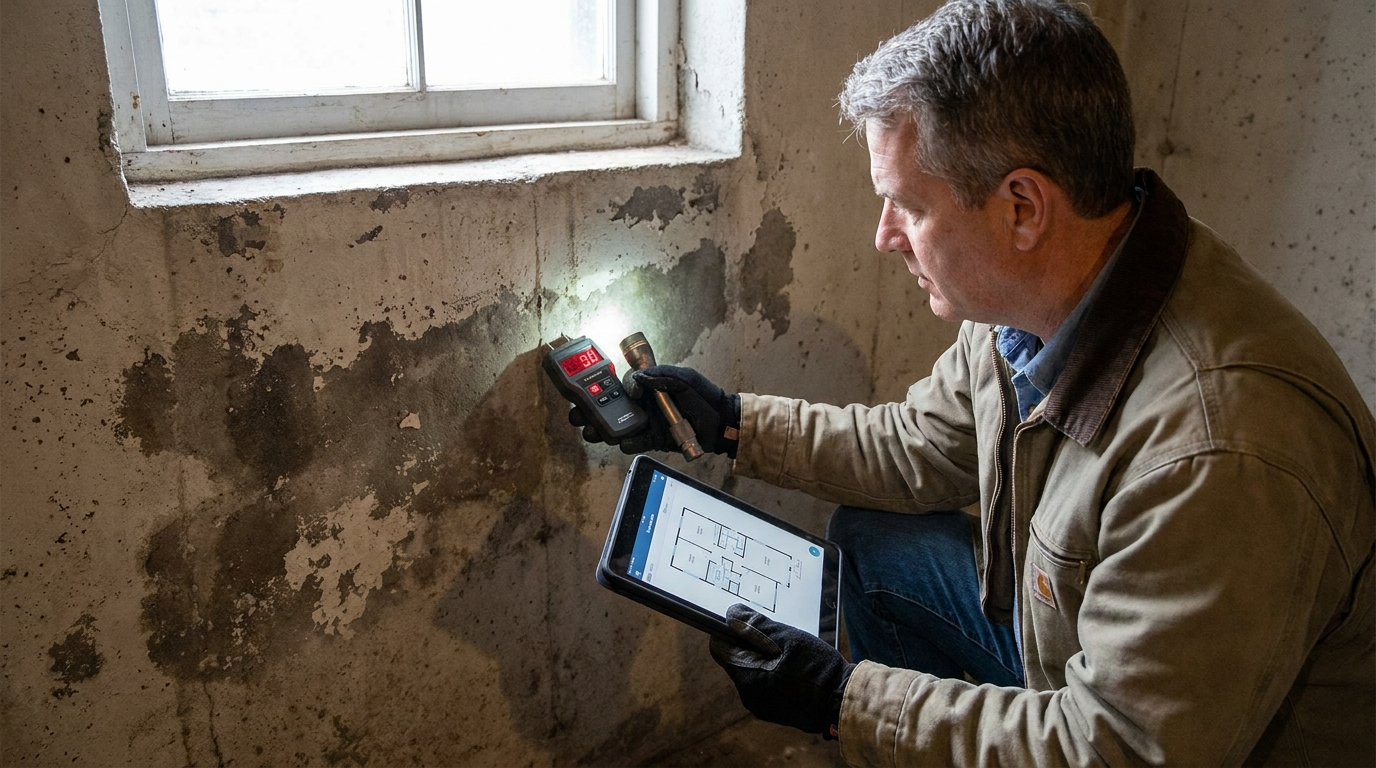 Inspector assessing water damage on a basement wall with a moisture meter